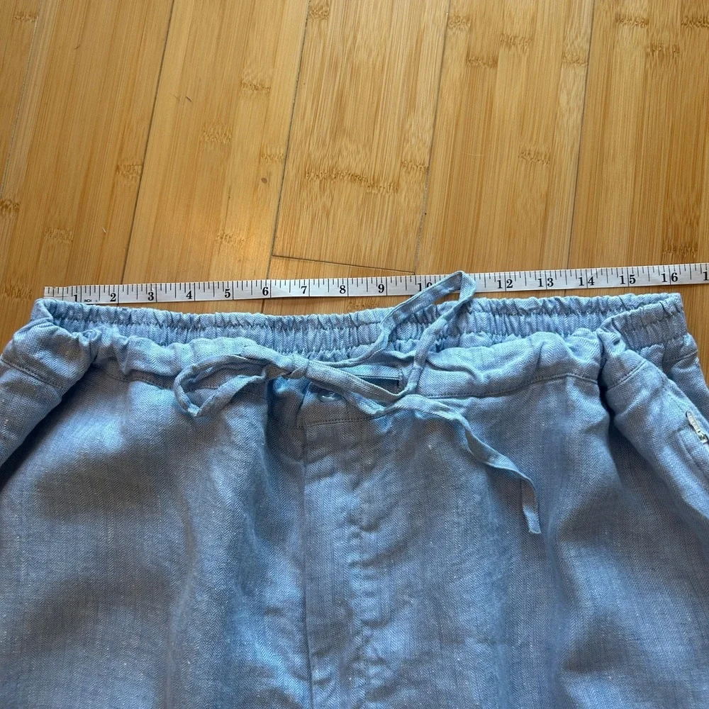 Mens Organic Linen Jogger Pants Size XL Light Blue Herringbone Drawstring Beach